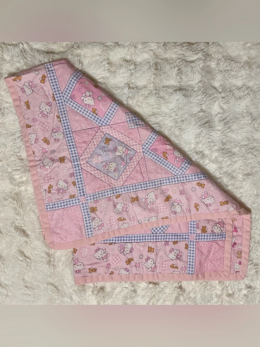 Vintage 2003 Hello Kitty Sanrio Handmade Baby Quilt Pink Y2K Blanket